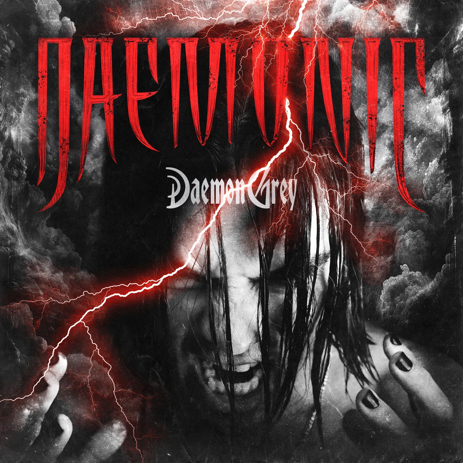 DAEMONIC album artwork: red lightning splits a storm of black clouds around a screaming figure with long wet hair.